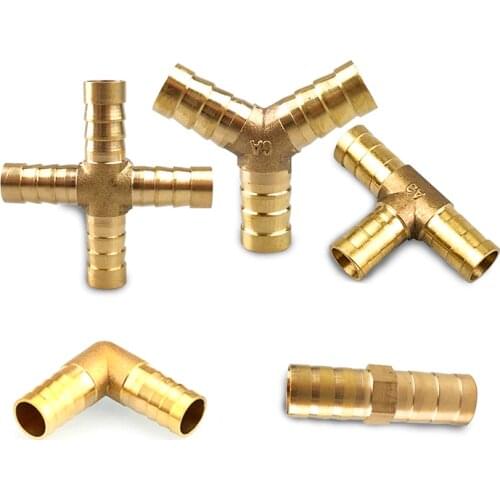3 Way & 4 Way Brass Tube Connector, Straight Elbow Hose Cable 6 8 10 12 14 16 19mm, Copper Barbed Connector, Union Adapter