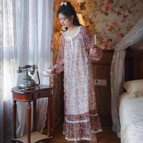 MeetLife Women Lace Floral Printed Organza Mesh Modal Sleepwear Red Princess Nightgown Vintage Victorian Nightdress Long Sleeves