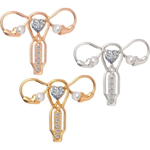 Metal Uterus brooch badges metal pin pearl rhinestone lapel pins brooches medical jewelry