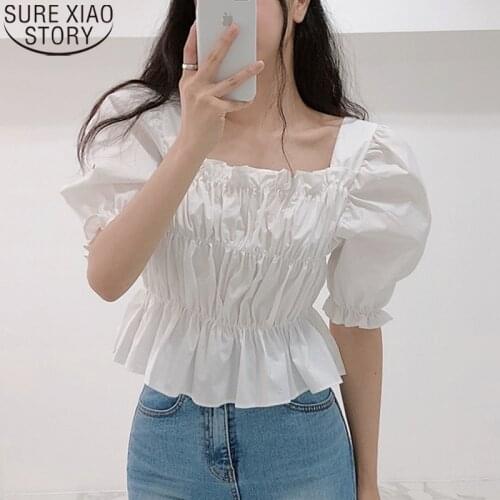 Sweet Puff Short Sleeve Square Collar Pleated Blouse Women Summer Shirt Female Korean Women Blouse Solid Slim Tops Blusas 14439