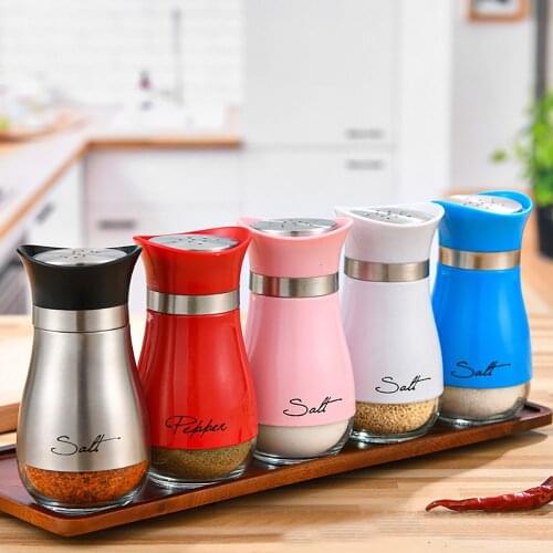 Cute Salt and Pepper Stainless Steel Glass Bottom Spice Dispenser Sea Salt Sugar Refillable Pepper Seasoning Cans