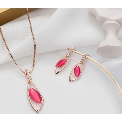 Fashion Opal Inlaid Irregular Geometric Hollow Metal Pendent Earrings Necklace Set Korean Neck Ear Jewelry Sets for Women Girls