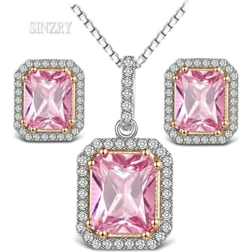SINZRY 2018 Luxury jewelry Cubic Zirconia crystal Necklace Earring Set Pink sweety vintage geometry jewelry set for Women