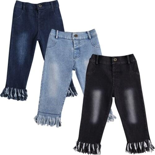 1-6Y Fashion Kids Girls Denim Pants Button High Waist Tassel Pencil Legging Pants