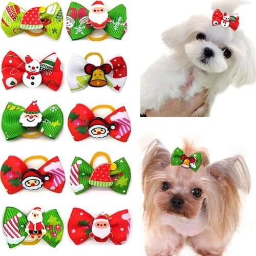 10pcs Christmas Dog Hair Clips Pet Dogs Hair Accessories Pet Hair Bows Dog Grooming Bow Dog Cat Hair Bow with Elastic Rubber