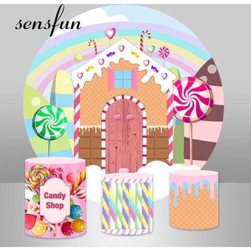 Sensfun Candy Shop Round Store Backdrops For Photography Backgrounds Rainbow Girls 1st Birthday Party Backgrounds Customized