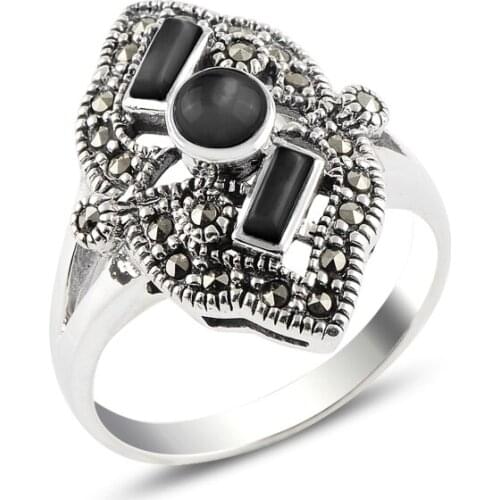 Silver 925 Sterling Onyx & Marcasite Ring