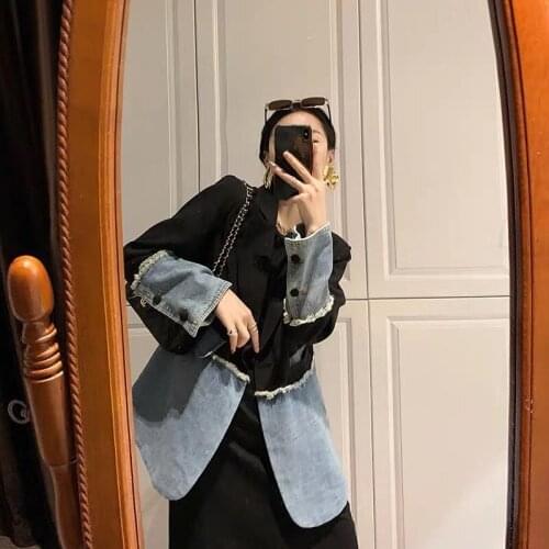 TOP QUALITY Stylish 2021 Designer Blazer Womens denim patchwork loose Jacquard Blazer Jacket Outer Wear