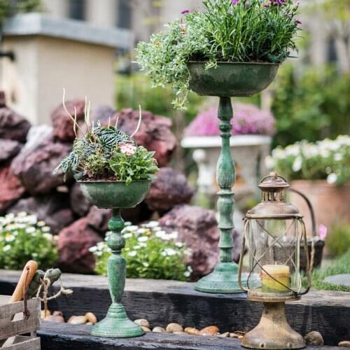 Iron High Foot Flower Pot Bird Food Pot Vintage Vase Garden Courtyard Decoration Groceries European Country