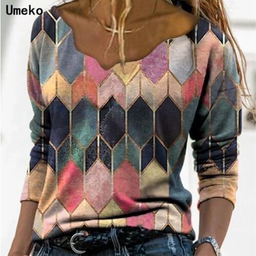 2021 Female T-Shirt Geometric Print V-Neck Long Sleeve Base Shirt Pullover Female Fashion Long Sleeve Autumn Party Office Tops