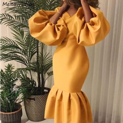 Women Spring Summer Ruffle Dress 2021 Sexy V Neck Long Puff Sleeves Bodycon Dress Vintage High Waist Party Dresses