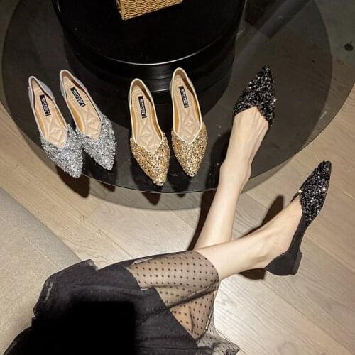 Spring Autumn Flat Shoes Womens 2021 New Bling Shallow Solid Pointed Toe Rhinestone Soft Womens Shoes Large Size 41 42 43