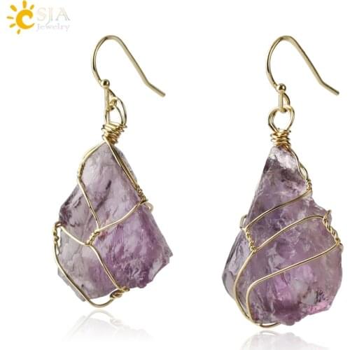 CSJA Irregular Natural Stone Drop Earrings Crystal Gold-Color Wire Wrap Asymmetric Pendientes for Women Trendy Jewelry Gift G328