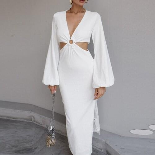 Hollow Out Lantern Long Sleeve Women Midi Dress Sexy V-neck Side Split Female Dresses 2021 Summer Elegant Party New Lady Clothes