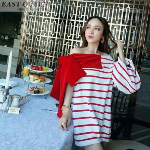 Women dress sexy slash neck mini dresses style full striped flare sleeve loose casual summer dresses off shoulder DD578 L