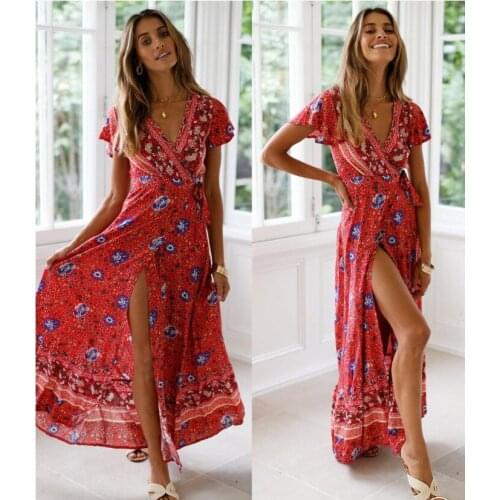 Women Dress Bohemia Short Ruffle Sleeve Deep V-Neck Outfit Loose Waist Tie Long High Split Summer Dress for Beach Vacation