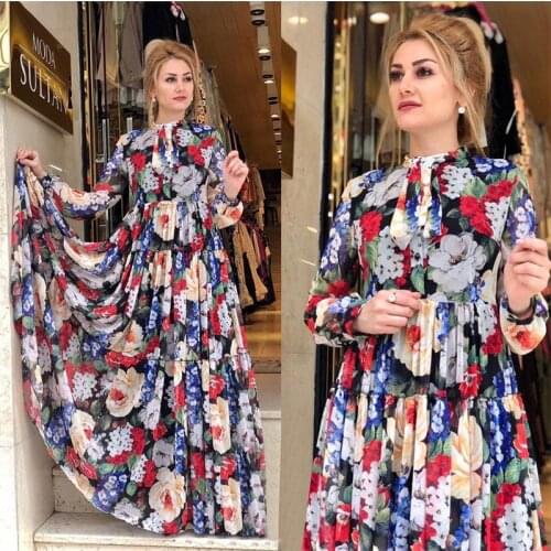 2021 Summer Floral Bohemian Dress Plus Size Women Bow Collar Long Sleeve Chiffon Dress High Waist Maxi Long Boho Beach Dresses