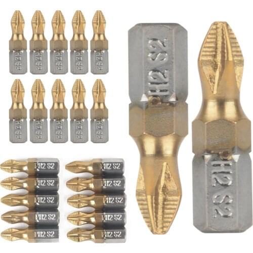 10pcs Anti Slip PH2 Screwdriver Bit 25mm Length 1/4" Shank Titanium Coated Drill Bits For Electric Drill