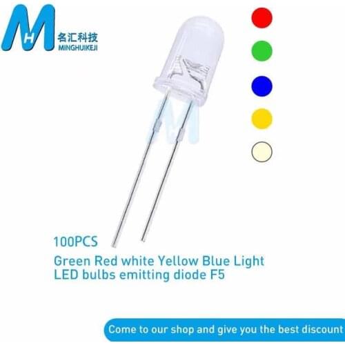 100pcs /lot Transparent Round 5mm super bright water clear Green Red white Yellow Blue Light LED bulbs emitting diode F5
