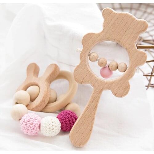 2pcs/Set Baby Wooden Teether Beech Rattle Toys Teething Bracelet Wood Ring Animal Pendant Gym Play Stroller Toys Baby Products