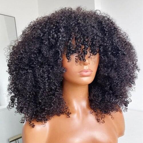 3B/3C Kinky Curly Scalp Top Wig Human Hair Wigs With Bangs Curly Wig Machine Made For Women 180 Density Remy Brazilian Hair