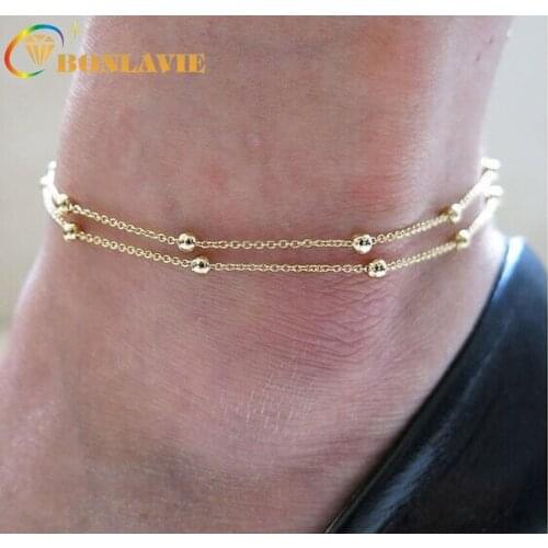BONLAVIE Double Layers Link Chain Foot Jewelry Metal Beads Simple Gold Silver Color Wedding Anklet Foot Bracelet for Women