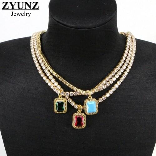 6PCS, Charm Gold Square Zirconia Pendant Necklaces For Women CZ Tennis Chain Choker Female 2021 Bohemian Jewelry Top Quality