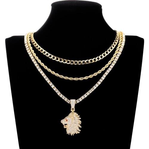 New Iced Out Lion Head Pendant Necklace Charm Chain Necklace Men Hip Hop With Tennis Chain Charm For Woman Gift Jewelry