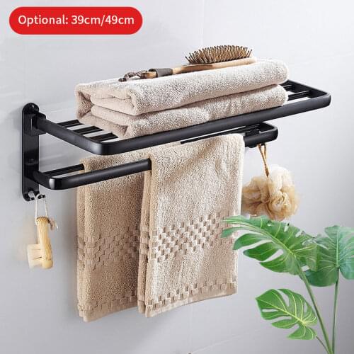 Towel Holder Punch-Free Bathroom Accessories Folding Hook Storage Shower Rack Matte Black Aluminum Organizer Hanger Wall-Mounted