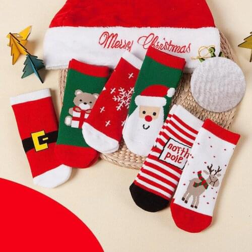 Children 6 Pairs Christmas Cute High Quality Socks Boys Girls Pure Cotton Thickening Warm Socks Baby Holiday Red Socks