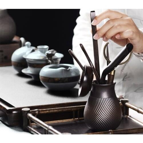 Chinese tea accessories chadao 6pcs porcelain vase wood tea spoon needle tools for tea set