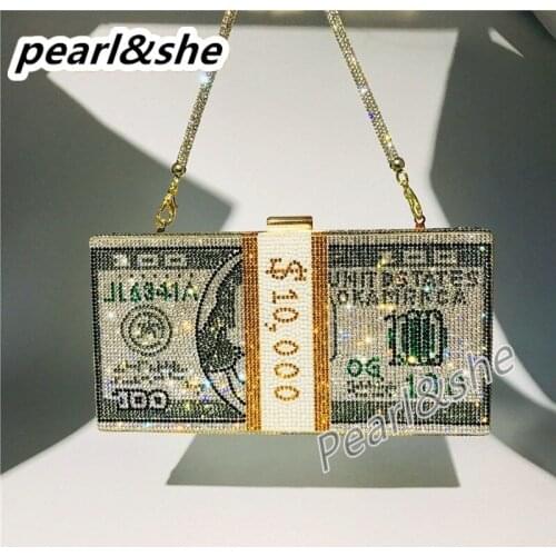 Money Clutch Rhinestone Purse 10000 Dollars Stack of Cash Evening Handbags Shoulder Wedding Dinner Bag 8 Color