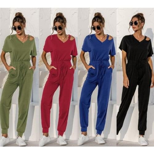 Women Streetwear Solid Color Jumpsuits Hollow Out Drawstring Design Pockets Decor V-Neck Short Sleeve Casual Loose Jumpsuits