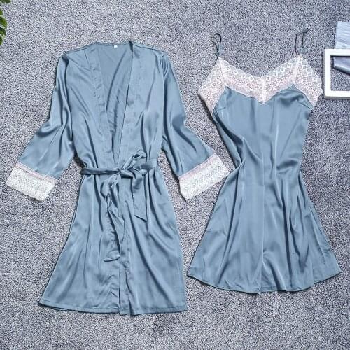 Satin Robe Set Sexy Female Sleepwear Summer Kimono Bathrobe Lace Trim Bride Bridesmaid Dressing Gown Casual Nightgown