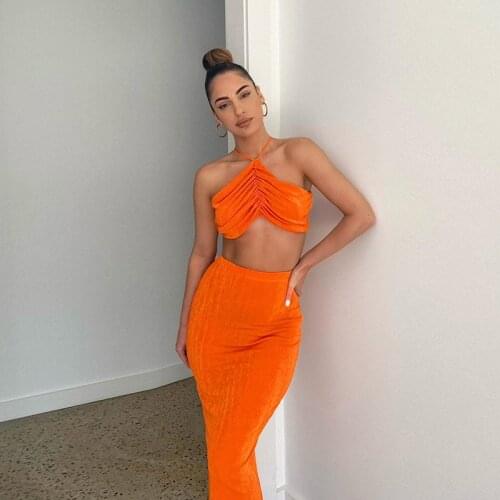 YICIYA Purple Two Piece Sets Orange Party Outfits 2021 Women Set Sleeveless Halter Neck Crop Top Summer And Bodycon Skirt Midi