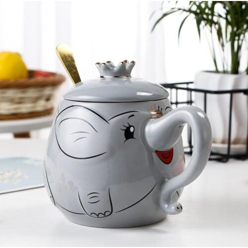Cartoon Stereo Relief Elephant Ceramic Coffee Mug With Lid Spoon Home Office School Milk Tea Water Mugs Drinkware Cup Gifts