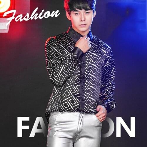 Jazz Dance Costumes for Men Slim-Fit Black Printed Shirt Silver Leggings Hip Hop Clothing Modern Dance Host Stage Wear XS1729