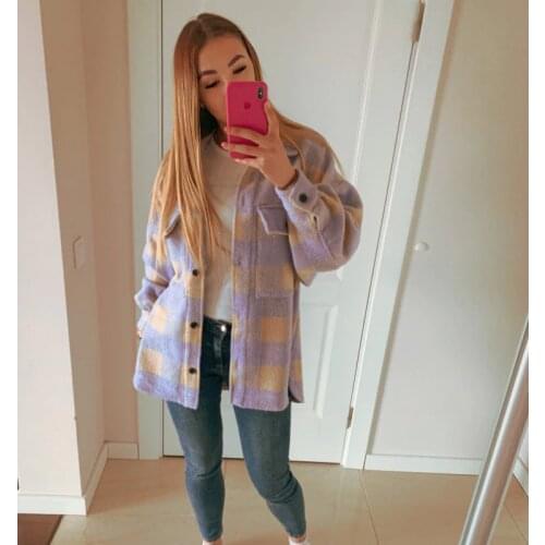 Klacwaya womens coats and jackets winter leisure purple plaid loose woolen Overshirt female oversize outwear coat chic tops
