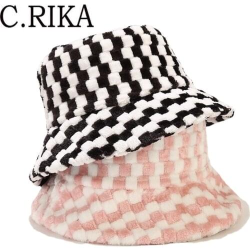 2021 New Women Winter Bucket Hats Outdoor Warm Faux Rabbit Fur Plaid Fisherman Hat Bob Lady Girl Fashion Casual Travel Panama