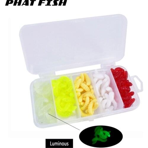 PHAT FISH 100pcs Case 5 Colors Kit Soft Plastic Baits 20mm Worms Freshwater Panfish Night Glowing Maggots Carp Fishing Lures