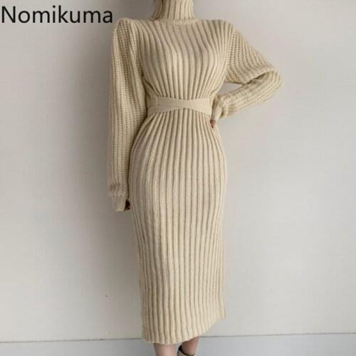 Nomikuma Slim Waist Lace Up Knitted Bodycon Dress Women Solid Color Korean Chic Elegant Turtleneck Sweater Dresses Vestidos