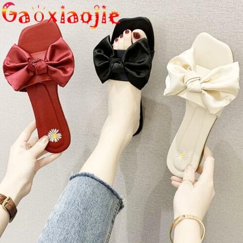 Gaoxiaojie Beach Slippers Women Summer Little Daisy Embroider Flat Sandals 2021 New Fashion Big Bow Everyday Home Women Shoes