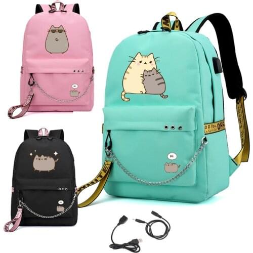 Cute Fat Cat Backpacks for Girls Back to School Shoulders Backpack Usb Charging Canvas Travel Bag Teenagers Laptop Bags
