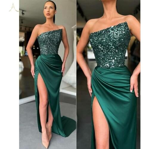 Sexy Green Sequin Strapless Mermaid Evening Dresses Side Split Special Occasion Prom Gowns Count Train Formal Dresses Plus Size
