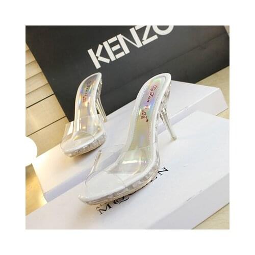 2020 Summer Women Sexy High-heeled Cool Slides Slippers Female Transparent Crystal Waterproof Sandals Thick Fish Mouth Sandals