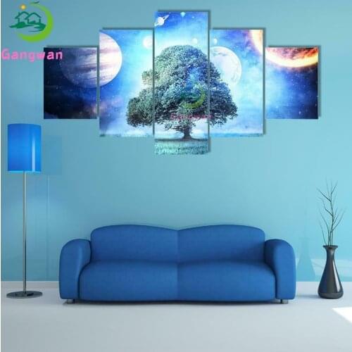 Blue big tree diamond painting cross stitch abstract Planet sky diamond embroidery full square round drill 5 pcs set wall decor