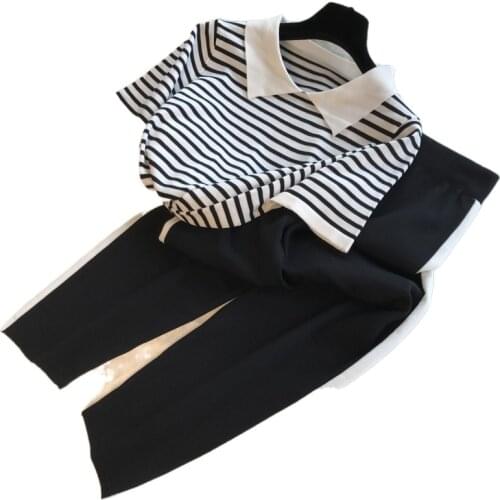 New Runway Knitted Sweater Summer 2 Piece Set Women Striped Lapel Pullover Tops Stretch Waist Pants Athletic Tracksuits