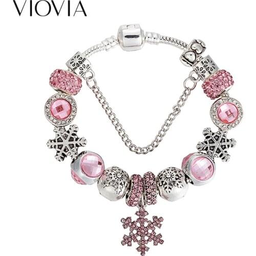 VIOVIA Hot Sale Snowflake Beads Charms Bracelets & Bangles Pink Rhinestone Pendant Bracelets for Womens Christmas Jewelry B17110