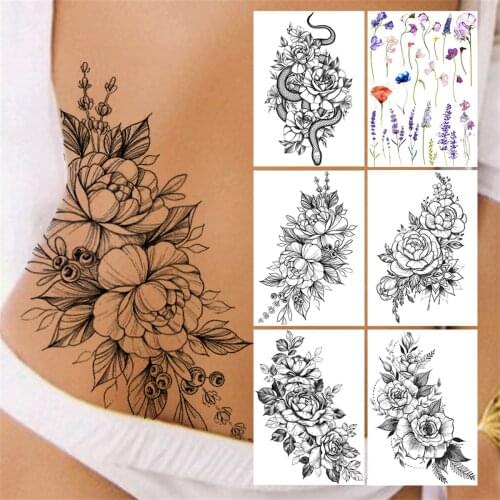Flower Peony Temporary Tattoos For Women Girls Flora Snake Tattoo Sticker Black Lavender Sexy Fake Large Tatoos Sweatpea Dahlia
