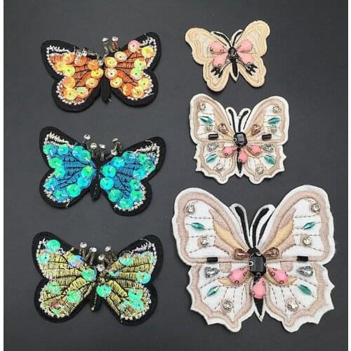 Beaded Rhnistones Butterfly Flower Applique Clothing Embroidery Patch Fabric Crystal Diamond Badge Sew on Craft Decor